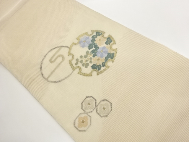 絽　変わり雪輪・丸文に花々模様織出し袋帯